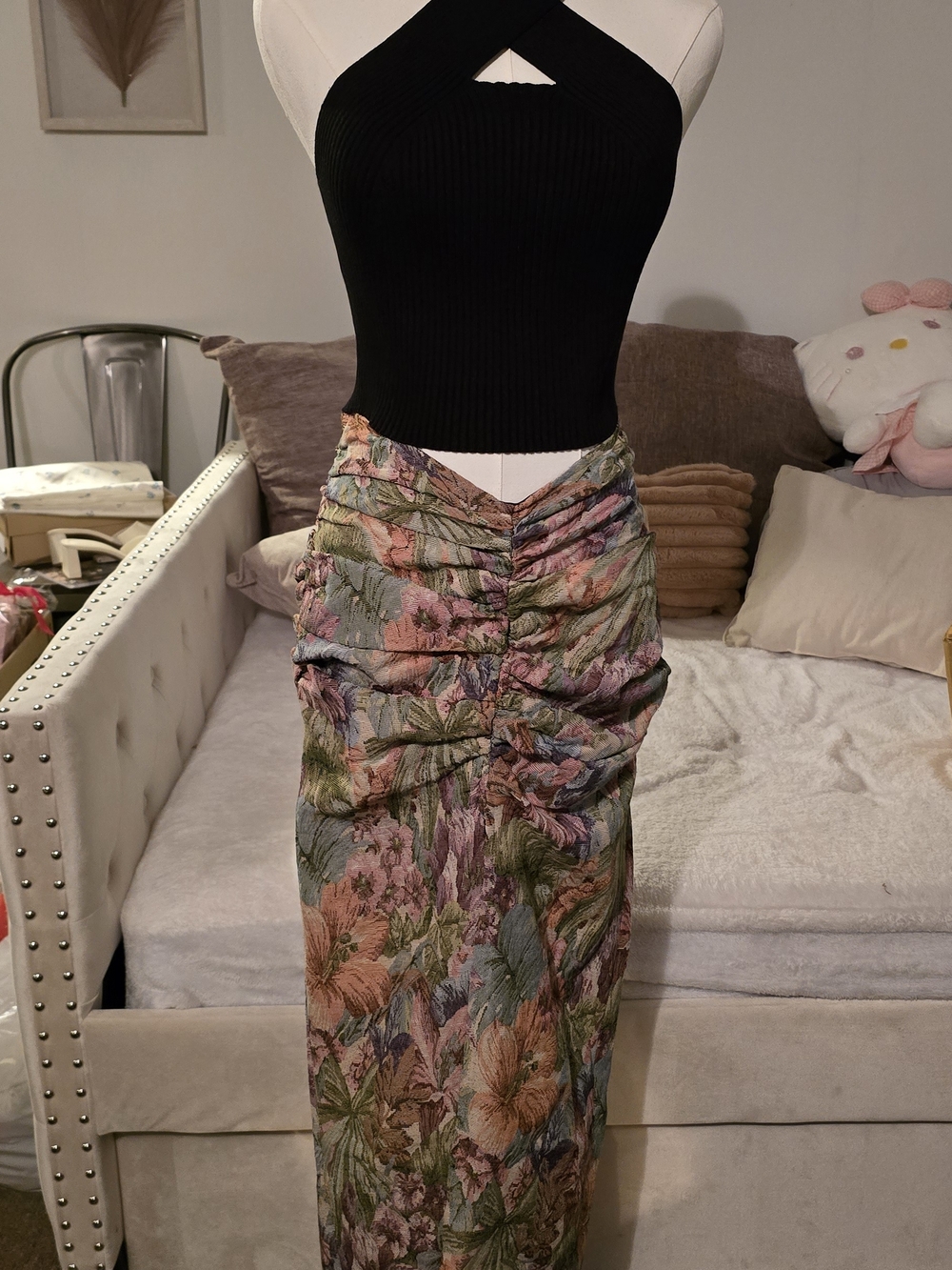 PrettyLittleThing Ruched Floral Maxi Skirt in Pink, Green & Blue